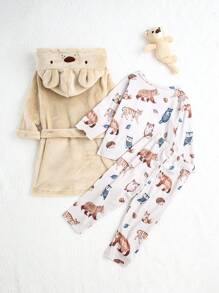 3-teiliges Baby Jungen Outfit: Minimalistische Tier-Muster Langarm Robe, Lange Hose und Langarm Oberteil