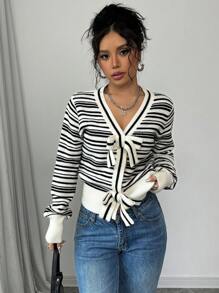 Chiquease Französischer Mode vielseitiger Schwarz-Weiß SchleifenCardigan mit V-Ausschnitt für Frauen, Reguläre Passform, Langarm für Herbst/Winter