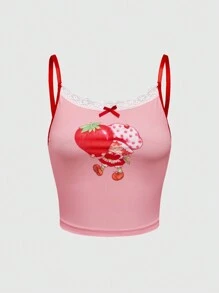 Strawberry Shortcake | ROMWE Strawberry Print Wireless Contrast Lace Lingerie Bra & Panty Set, Kawaii - Multicolor - View 5