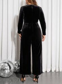 SHEIN Clasi Plus Size Women Party Elegant Black Velvet Sweetheart Neck Chain Rhinestone Decorated Long Sleeve Jumpsuit, Autumn