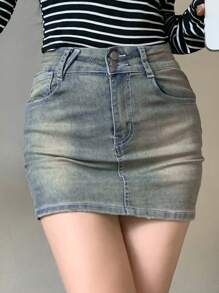 DAZY Váy denim ngắn bó sát trang trí túi cho nữ - Rửa nhẹ - Xem 2