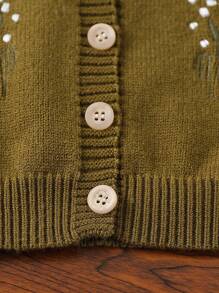 Baby Girls' Cardigans, Black Knitted Sweater, Green Leaf Embroidered Casual, Leisure Vest, Sleeveless Jacket, Black Button Fashion Cardigan, Suitable For Spring, Autumn And Winter, Warm, Fit For Everyday, Outings, Travel, Vacation, Home, Daycare, School - Olive Green - View 5