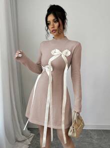 Elenzga 女士蝴蝶结腰部毛衣连衣裙 - 杏色 - 查看 5