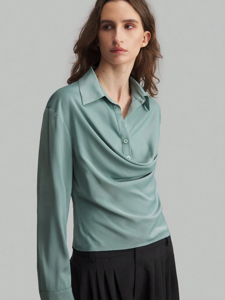 Elegant Business Casual Women Blouse With Lapel Collar, Olive Green Long Sleeve Shirt For Autumn, Slim Fit Back To School