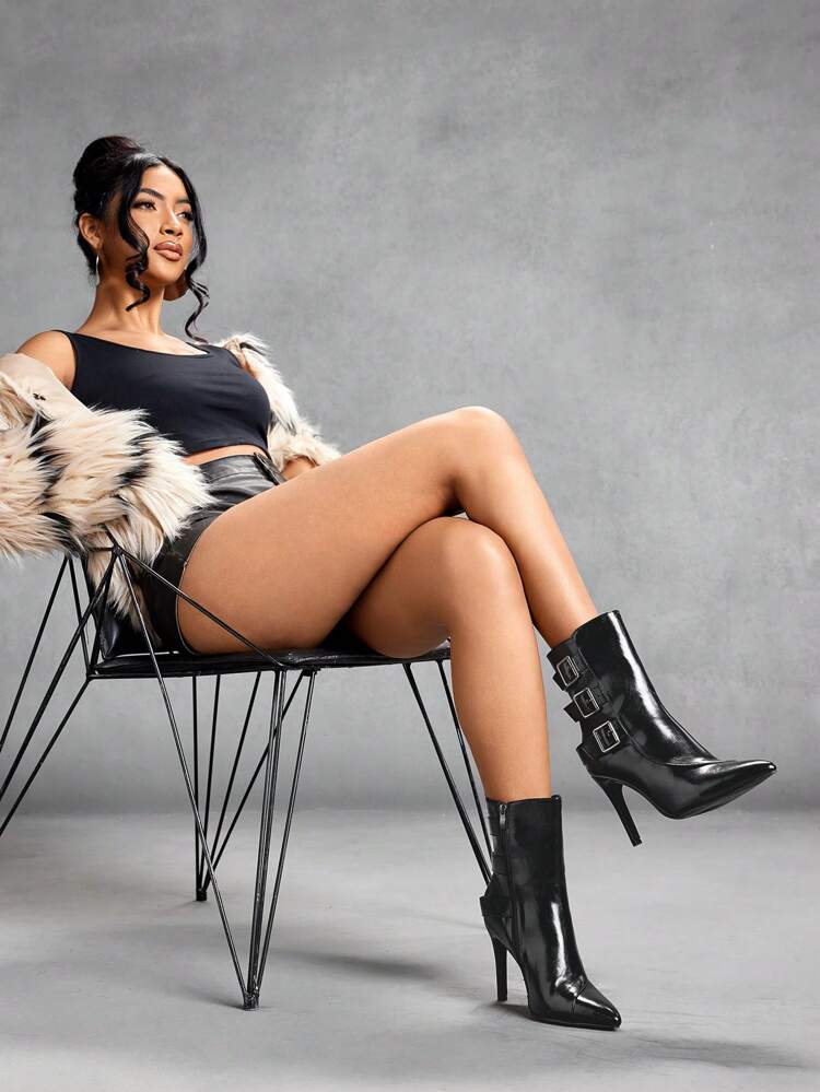 CUCCOO SZL Pointy Toe Thin High Heel Buckle Strap Mid-Calf Boots And Ankle Boots For Women, Suitable For Sexy Lady Night Out And Unisex Style