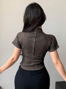 DAZY 女式夏季修身立领图案印花牛仔上衣 - 灰色 - 查看 4
