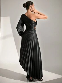 SHEIN Cottnline Women Plicated Extra Long Satin Dress - Black - View 2