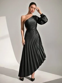 SHEIN Cottnline Women Plicated Extra Long Satin Dress - Black - View 7