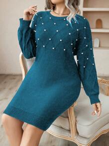 Celure Plus Size Autumn/Winter Casual Beaded Decorative Sweater Dress - Blue - View 5