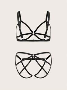 Classic Sexy Set de lencería sexy de 2 piezas para mujer de talla grande con unicolor y diseño calado