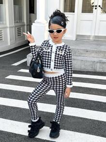 Young Girl 2 Pieces Urban Plaid Pattern Long Sleeve Cardigan Jacket And Long Pants Set - Pink - View 4