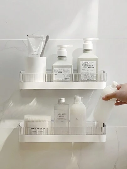 No-Drill Adhesive Shower Shelf Organizer - Large Capacity PS Bathroom Storage With Drain Holes | Rustproof Wall-Mounted Rack For Towels/Laundry (Modern Space-Saving Bath Decor)