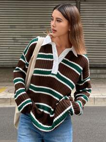 DAZY Color Block Striped Loose Long Sleeve Sweater For Women