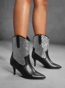 CUCCOO SZL Women's Pointed Toe High Heels With Rhinestone Embellished Chunky Heel Ankle Booties, Sexy Party Boots For Christmas & New Year