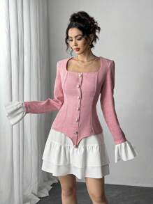 Chiquease Women's Contrast Color Splice Tweed Ruffle Hem Elegant Dress, Long Sleeve Fall Cloth For Women - Pink - View 5