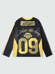 ROMWE MEN Street Life 男式街头风格篮球球衣长袖 T 恤，运动上衣，采用网眼和光泽面料 - 黑色 - 查看 2