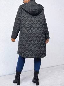 SHEIN LUNE Plus Size Casual Solid Color Hooded Jacket, Winter - Grey - View 2