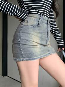 DAZY Váy denim ngắn bó sát trang trí túi cho nữ - Rửa nhẹ - Xem 7