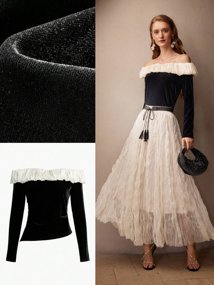 VELVET CONTRAST RUCHED OFF SHOULDER TEE