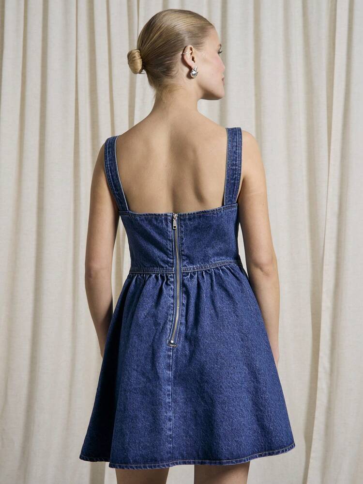 Diamante Bow Cut Detail Strappy Denim Mini Dress