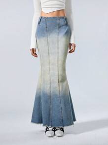 SHEIN EZwear Women's Fall 90s Fashion Country Concert Washed Denim Fish Tail Skirt - Medium Wash - View 3