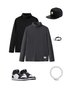 SHEIN 2 pièces/set Hauts à manches longues en polaire col roulé décontractés et polyvalents pour garçons adolescents, assortiment blanc et noir