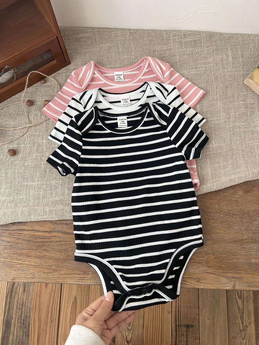 3件套新生女宝宝可爱条纹短袖连体衣套装，春夏款