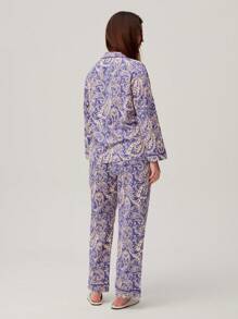 LUVLETTE Conjunto de pijama longo feminino em algodão com estampa paisley, calça com bolsos, lingerie, ideal para o outono, primavera e verão. - Azul e branco - Ver 5