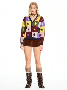 ROMWE Grunge Punk 女士复古格纹拼布星星提花针织开衫