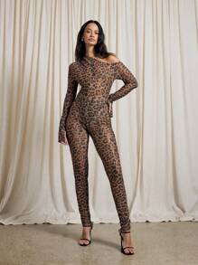 AiiRZ One Shoulder Lace Leopard Unitard - Brown - View 1