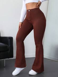 SHEIN ICON Women's High-Waist Flare Hem Casual Versatile Jeans Thickened Denim - Rust Brown - View 4