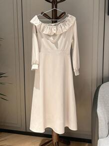 DAZY Women's Solid Color Asymmetrical Neck Long Sleeve Pleated Casual Long Dress, New Style For Autumn Prom Dress,Ruffle