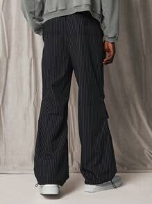 SUMWON Loose Flare Fit Pinstripe Pant With Knee Pleats - Black - View 4