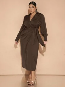 SHEIN BAE Plus Size Fall And Winter Elegant Daily Commuting Party Women Green Satin Overlap Wrap Drape Asymmetric Slit Bowknot Long Sleeves With Buttons Long Dress Party Wear Christmas Wear Commuting Wear New Year Eve Dress New Years Dress Christmas Women Dress Christmas Women Clothes Christmas Dress Christmas Party Dress Thanksgiving Women Outfit Elegant Dress Holiday Dress Christmas Outfits