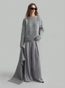 Ontre 女士灰色长袖针织毛衣配围巾领，温暖休闲，适合春季，2025 年新品系列