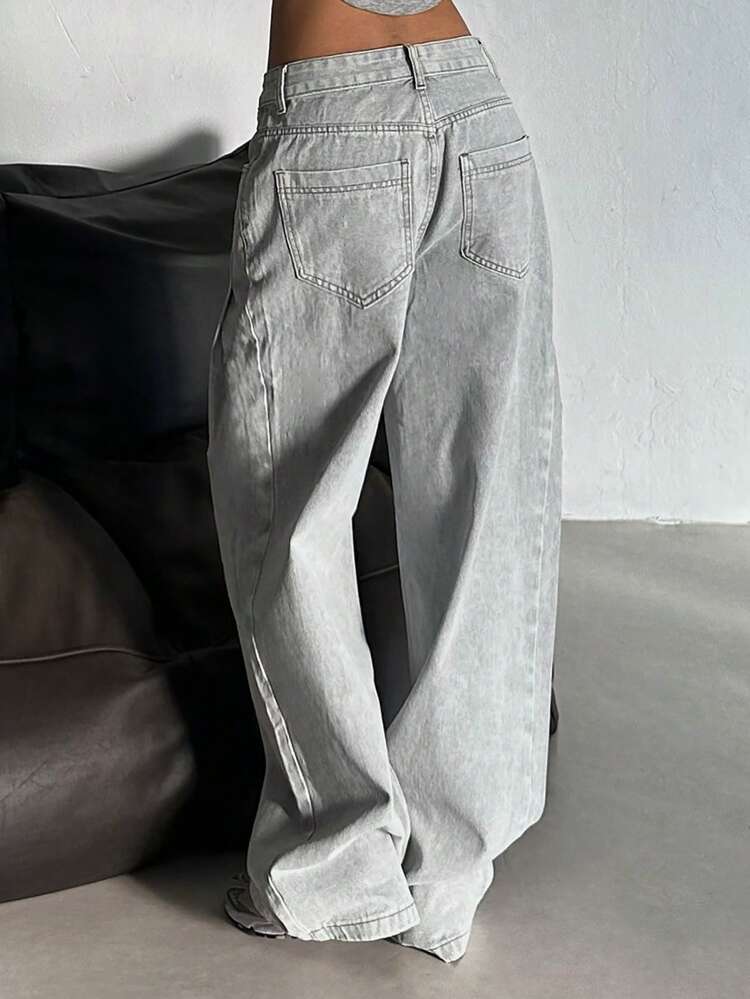 Washed-Out Wide-Leg Jeans For Women, Loose Pants,Baggy Jeans
