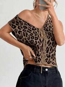 Flirla Damen Lose Lässiger Leopard Muster Pullunder für Herbst/Winter