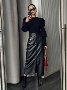 DAZY Women's Solid Color Long PU Skirt For Autumn/Winter Leather Skirt - Black - View 3