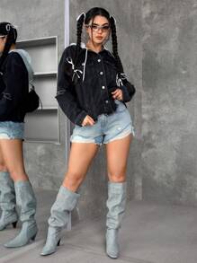 SHEIN PETITE 女款拼色連帽做舊毛邊飾鈕扣前襟長袖牛仔夾克，小碼女裝 - 黑色 - 查看 7