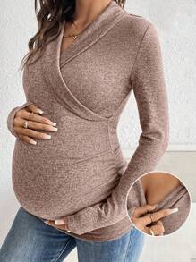 SHEIN V领褶饰长袖哺乳上衣，休闲日常穿着 - 粉色 - 查看 3