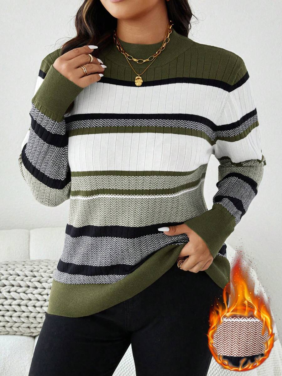 秋季大码针织条纹高领毛衣新款女士套装女士冬季服装绿色节日保暖服装，圣诞新年女士套装女士毛衣女士生日服装 - 軍綠色 - 查看 1