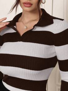 Mulvari Women's Simple Striped Casual Sweater, Daily Wear - Brown - View 7