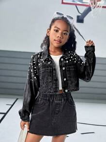 Explorewe Chaqueta vaquera brillante con decoración de tachuelas y perlas para niñas preadolescentes Y2K, adecuada para uso diario y presentaciones de moda - Negro - Ver 4