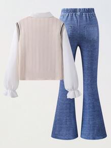 SHEIN Tween Girls 2 Pcs Set - Shirt-Style Tank Top & Flared Print Pants With Scarf - Apricot - View 2