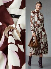 MOTF PREMIUM ALLOVER PRINT BUCKLE TIE NECK LANTERN SLEEVE FOLD PLEATED DRESS