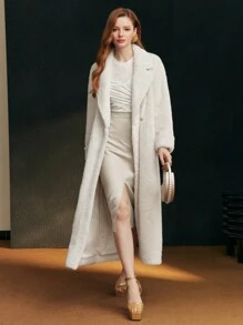 MOTF 蓬松纯色翻领斜口袋长款大衣 - 米色 - 查看 4