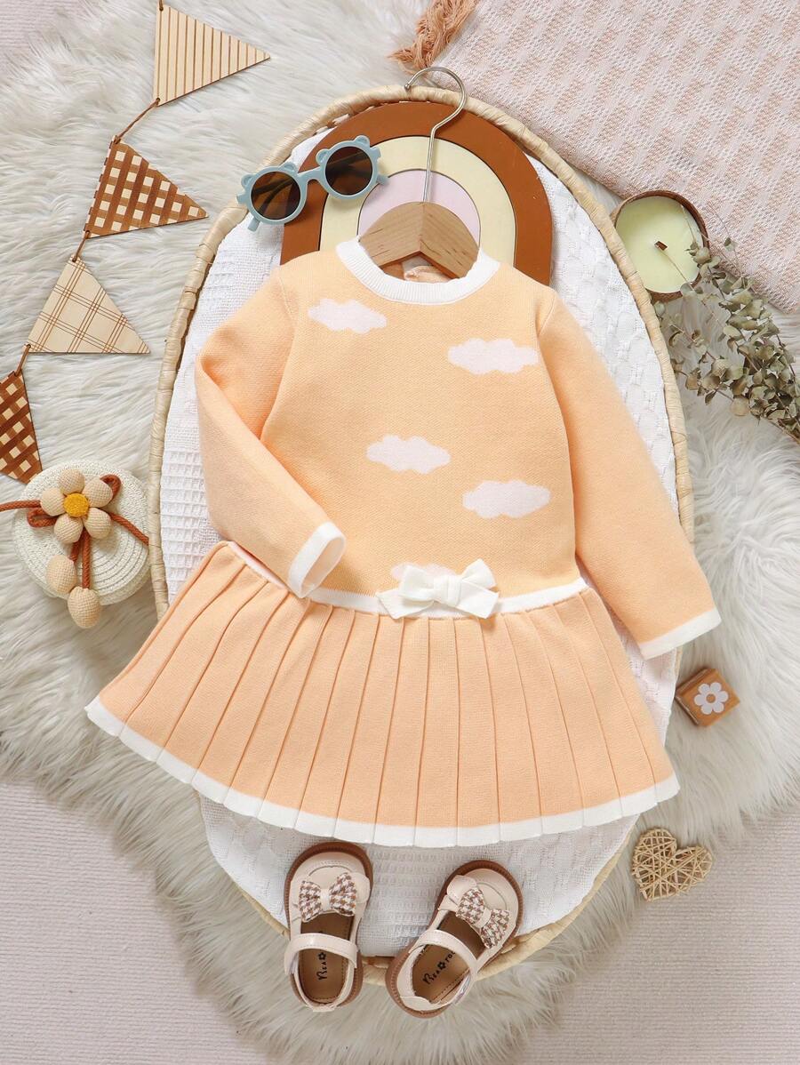 SHEIN 女宝宝可爱休闲长袖圆领针织连衣裙 - 橘色 - 查看 1