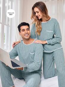 CoupledUp Men's Plush Ribbed Splice Trim Long Sleeve & Long Pants Pajama Set - Blue - View 1