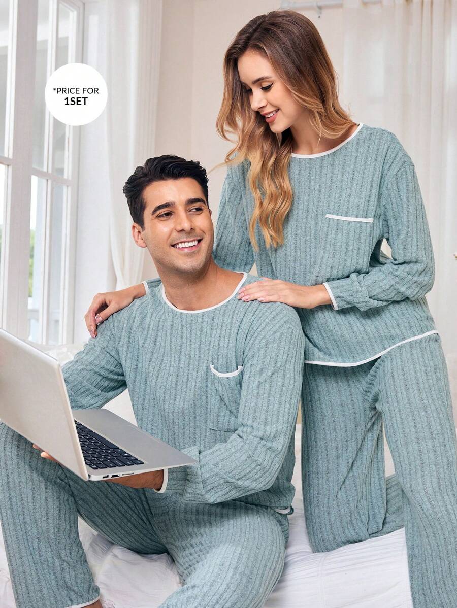 CoupledUp Men's Plush Ribbed Splice Trim Long Sleeve & Long Pants Pajama Set - Blue - View 1