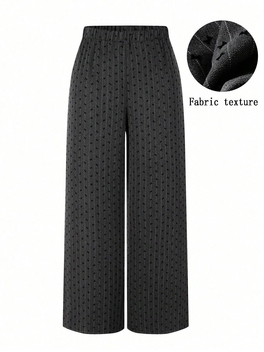 SHEIN Clasi Plus Size Women Bow Print High Waist Drape Feeling Straight Wide Leg Pants - Grey - View 1